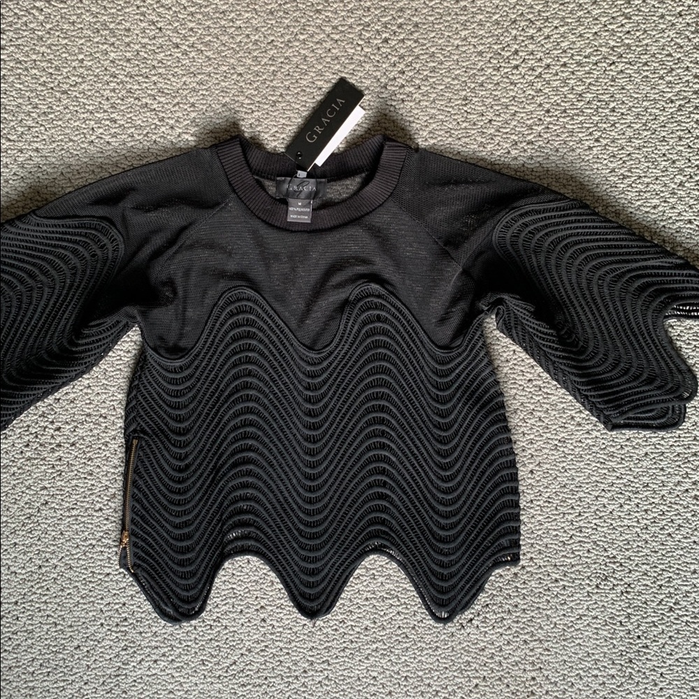 Black Mesh Crop Top with Scalloped Hem